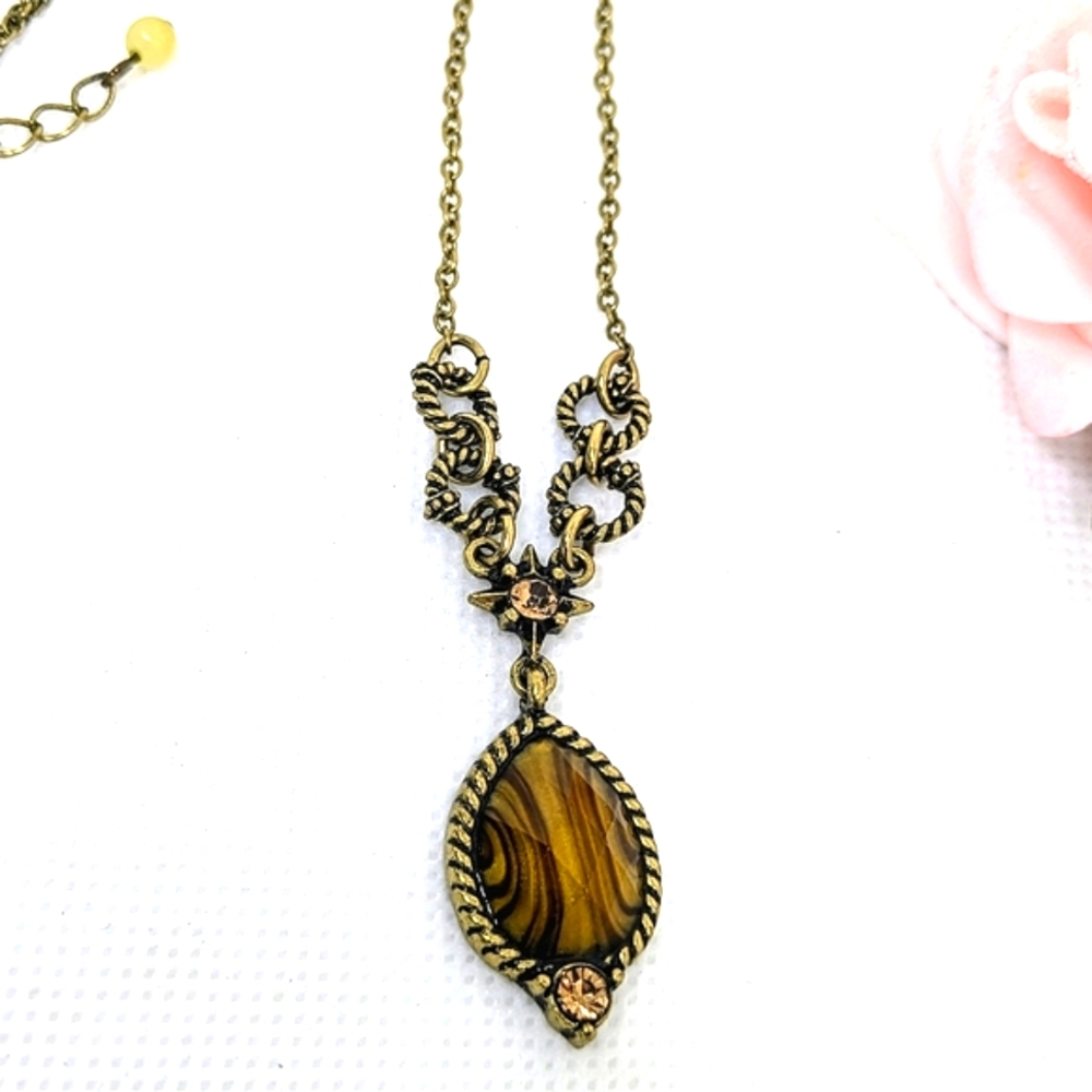 Avon Necklace Faux Tiger Eye Sparkling Amber Rhinestones Goldtone Adjustable